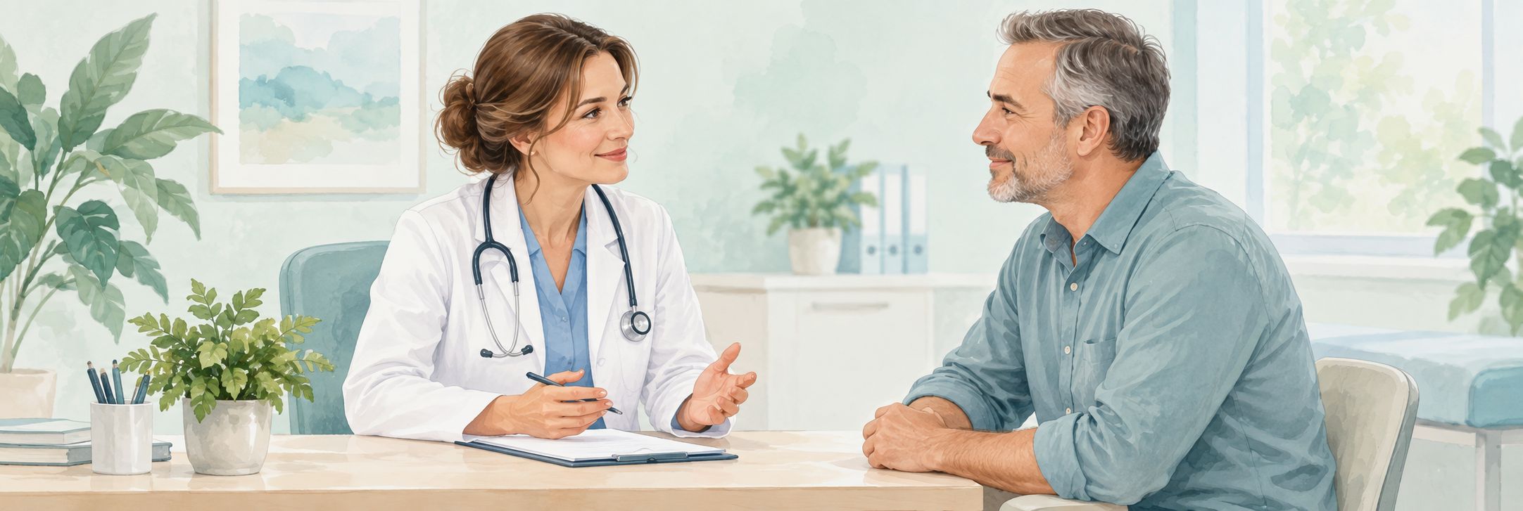 Orvos beszélget egy klinikai vizsgálat iránt érdeklődő résztvevővel